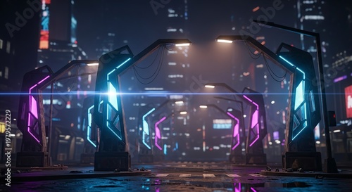 Futuristic Cityscape with Neon Arches and Lights at Night.