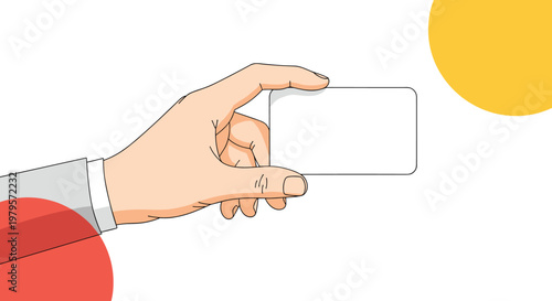 Hand in a grey suit sleeve holding up a blank white business card or credit card against a background with colored circles.
