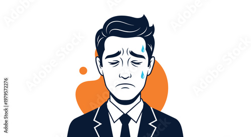 Sad businessman in a suit with eyes closed and beads of sweat on his forehead, illustrating stress, failure, or exhaustion.
