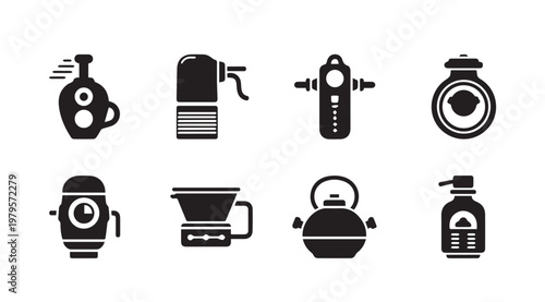 Collection of coffee brewing equipment icons in silhouette on white background