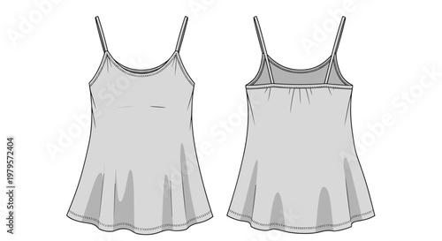Technical flat sketch of a women's camisole top with thin straps and a flared hemline, showing front and back views.