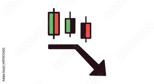 Financial icon showing descending candlestick charts and a large downward pointing arrow, representing market decline or losses.