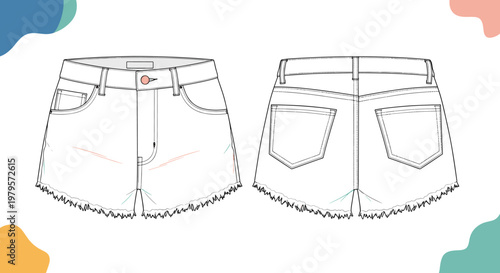 Flat fashion sketch showing front and back views of womens denim shorts featuring classic pockets and frayed hem design details.