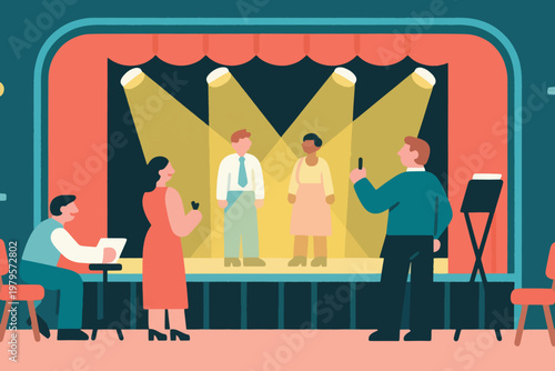 Stage rehearsal scene with performers under spotlights, crew with laptop, microphone, and smartphone, stylized vector illustration.