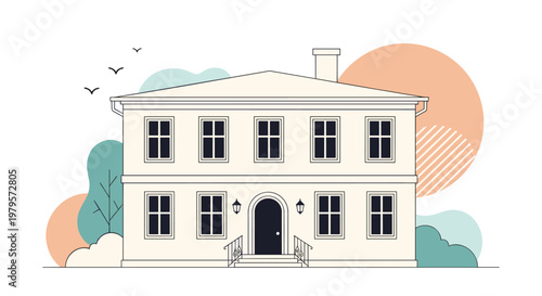 Grand two story mansion or estate building with multiple classic windows and a central arched entrance under a clear blue sky.