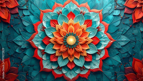 Intricate Mandala Flower Design with Vibrant Orange and Teal Colors.