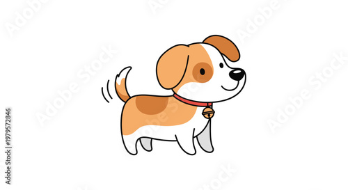 Adorable small puppy with brown patches wearing a red collar with a bell and wagging its tail in excitement on a white background.
