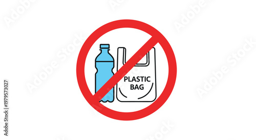 Environmental warning sign with a red prohibition circle over a plastic water bottle and a plastic carry bag.