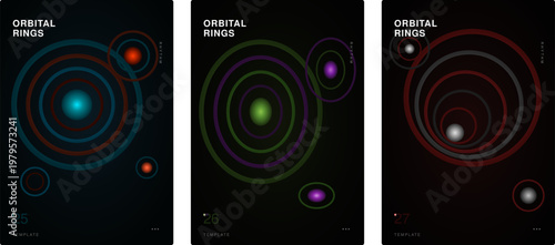 Orbital rings poster template set cyan orange olive mauve ruby platinum concentric design