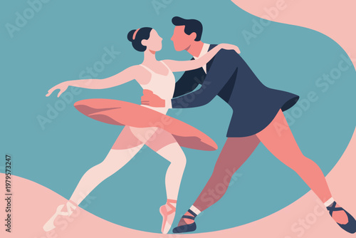 Two dancers in pink ballet tutu and dark suit costume performing gracefully with pastel flowing background, stylized vector illustration.
