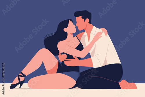 Couple sitting close together kissing, minimalist flat vector illustration with dark blue background.