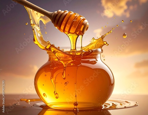 Golden Honey Pouring into a Jar with a Wooden Dipper.
