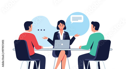 Professional business meeting where a consultant speaks with two clients at a table with speech bubbles for discussion.