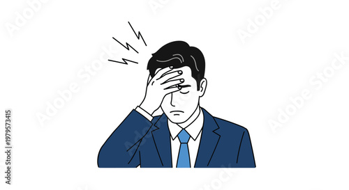 Stressed businessman in a blue suit touching his forehead with lightning bolt icons above his head representing pain.