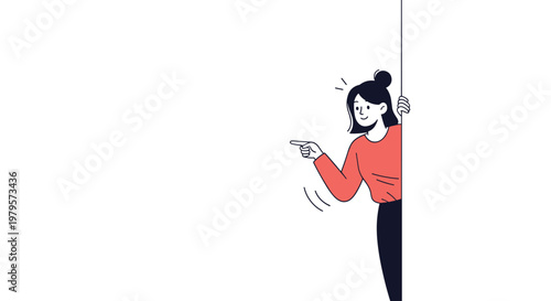 Cheerful woman in red top peeking from behind a white background and pointing her finger to the side to show something.