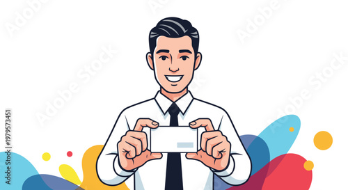 Smiling businessman holding up a blank white business card for corporate identity, branding, and contact information.