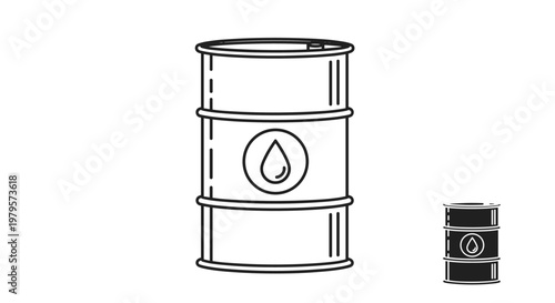 Industrial oil barrel icons in various sizes and styles representing fuel, energy, petroleum production, and storage.