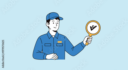 Quality control worker in blue uniform checking a document through a magnifying glass for inspection and audit task.