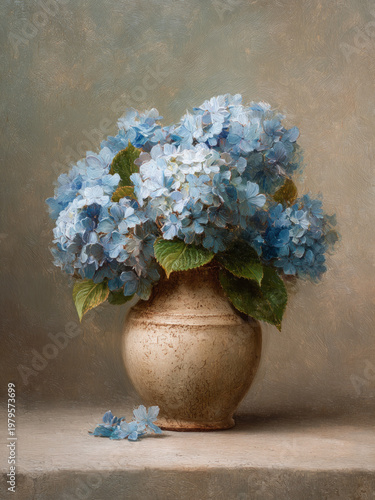Vintage Blue Hydrangea Bouquet in Antique Vase Oil Painting