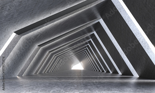 Futuristic concrete tunnel with glowing abstract lights 3d