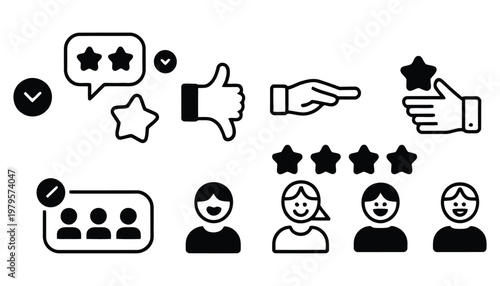 flat design customer feedback and review icons set with hand gestures and ratings