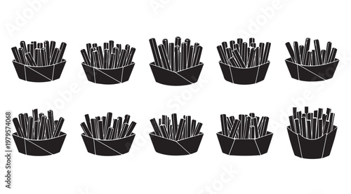 Collection of French Fries in Paper Containers Against White Background