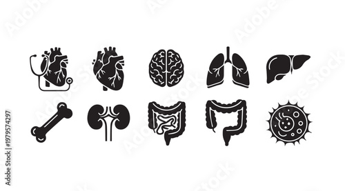 Collection of human organ icons with medical stethoscope and virus symbol