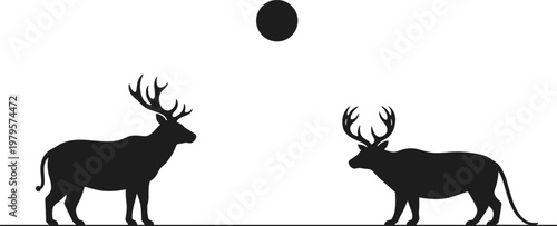 Black silhouette of two deer with large antlers standing under a full moon, cad drawing flat vector illustration of wildlife.