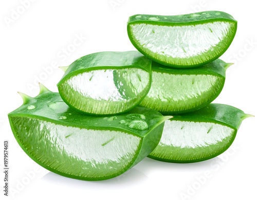 Fresh Aloe Vera Slices Stacked Isolated White Background.