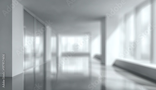 Blurred grayscale modern office hallway with reflections and distant bright window