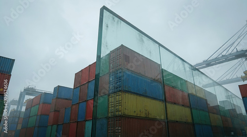 Glass wall rising between two stacks of shipping containers
