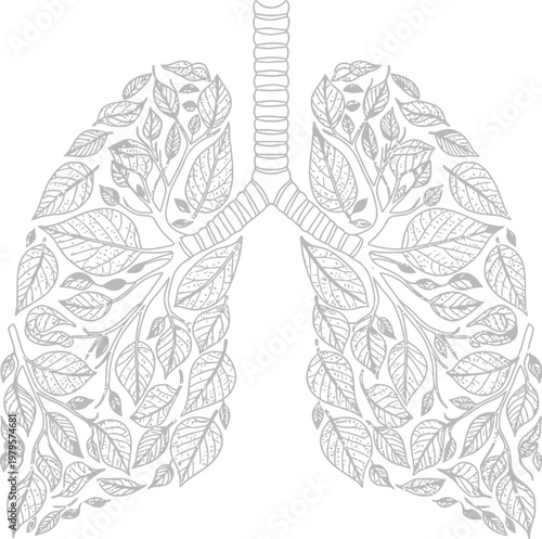 Human lungs shaped like intricate tree branches with numerous leaves representing respiratory health and the importance of clean air environments