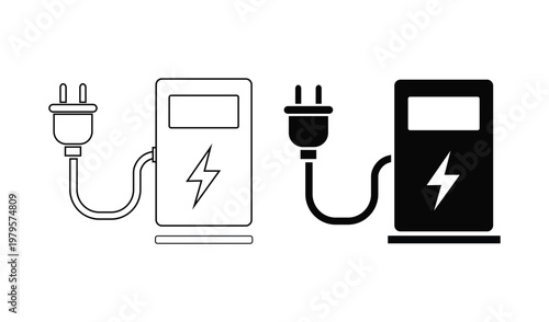 Electric Vehicle Charging Station with Plugged-in Cables, Modern Eco-friendly Transport Technology, Clean Energy Concept.