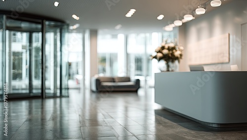 Blurred modern office lobby with a reception desk, sofa, and revolving glass door
