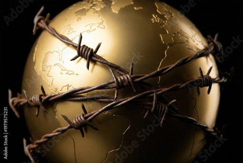 Barbed wire wrapped around a golden globe representing trade restrictions