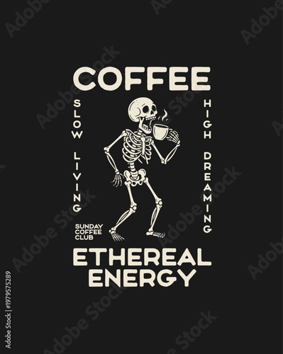 Skeleton enjoying coffee with ethereal energy and slow living hi