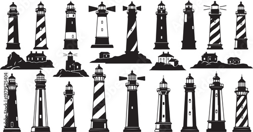 Collection of various lighthouse silhouettes and illustrations in black