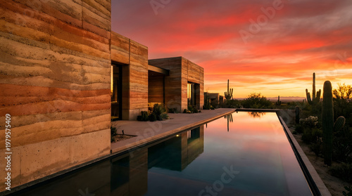 Modern building with pool at sunset