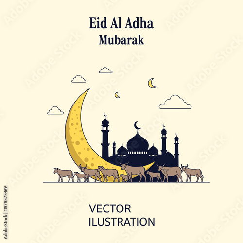 Eid Al Adha Mubarak celebration with mosque crescent moon and sacrificial animals.