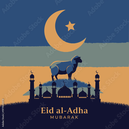 Eid alAdha Mubarak celebration with a sheep and mosque silhouette.