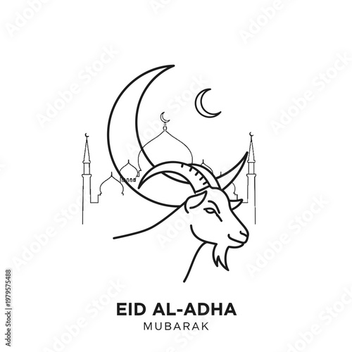 Eid alAdha Mubarak celebration with goat crescent moon and mosque line art.