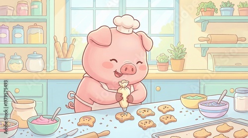 Kawaii Baking Kitten,Cute Cat Chef Kitchen,Adorable Kitten Baking Scene, Happy Piglet Baking Cookies in a Colorful Kitchen