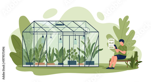 Man managing a greenhouse remotely, using technology for plant care and automation in a garden