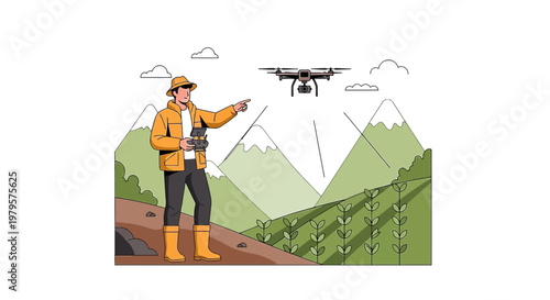 Man operating drone over rural landscape with mountains modern agricultural technology concept