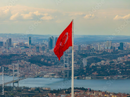 Obraz na plátně Turkish Flag (Turk Bayragi) Drone Photo, Uskudar Istanbul, Turkiye (Turkey)