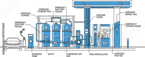 Cad drawing flat vector illustration of a hydrogen fuel station featuring storage tanks, compressor unit, pressure regulators, and dispenser pumps.