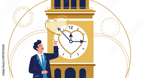 Man pointing at a clock tower with heart shape and clocks, symbolizing love and time