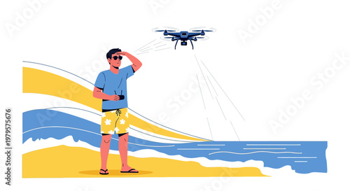 Man piloting drone on sunny beach with ocean view offering a serene summer day activity engaging