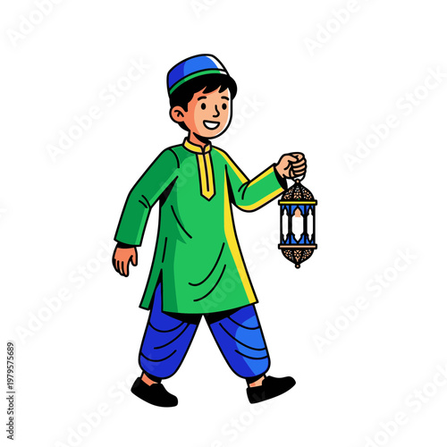 Happy Muslim Boy Holding Lantern Celebrating Eid alFitr.