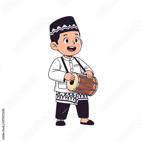 Happy Muslim Boy Playing Traditional Drum.